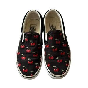 Vans Cherry Slip-On Sneaker Women's 7 Men's 5.5 Black Red Embroidered